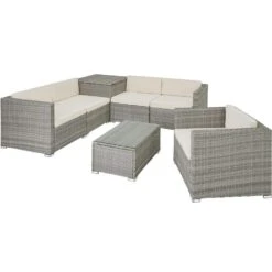 Tectake- Loungeset Pisa Met Opbergbox Kussens - Wicker - Lichtgrijs